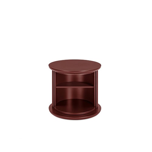 rotating coffee table made in the shape of a cylinder and made of wood in a bright red wine color tone