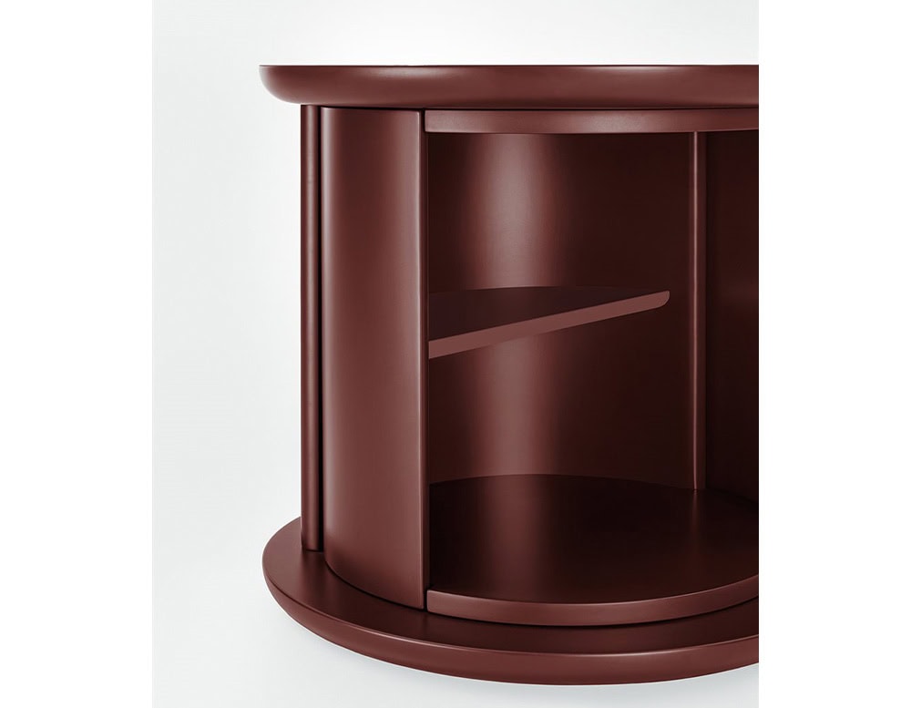 nightstand made of wood base in a ruby ​​red tone with cylindrical drawers