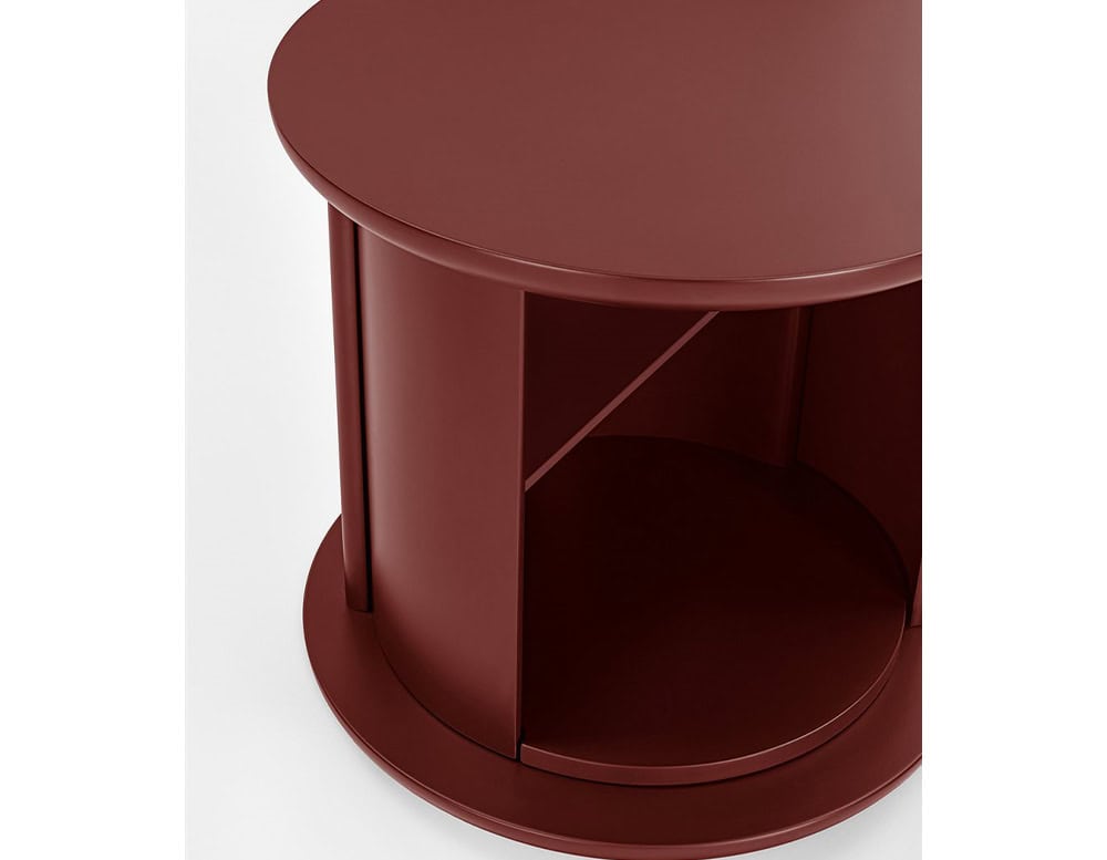 nightstand made of wood base in a ruby ​​red tone with cylindrical drawers