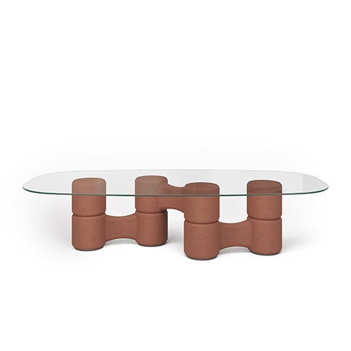 centerpiece made of brick-colored wood base and transparent glass taopa block base design