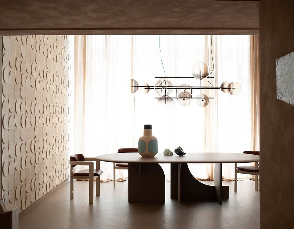 dining room made of stone powder base with a very imperfect but elegant design in a 