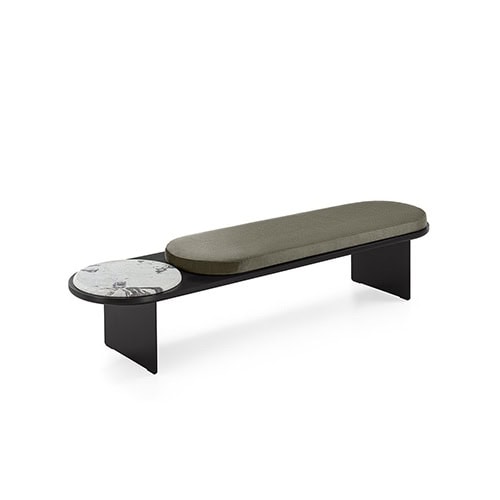 bench made of lacquered metal base in a black tone and wooden top with a foam cushion in a white tone