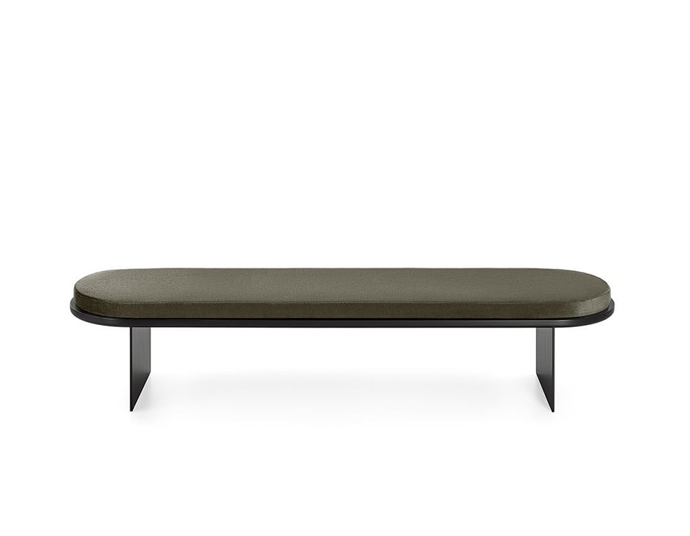 wooden bench made of black lacquer metal base and long cushion made of espima in a brown tone