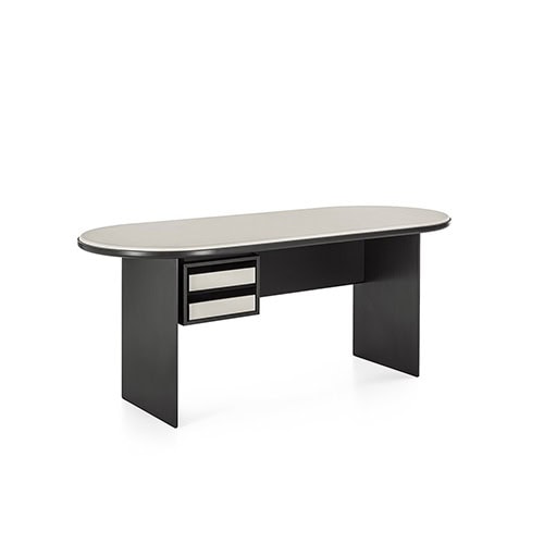 desk made of ash wood base and transparent glass top made in a black and white color tone
