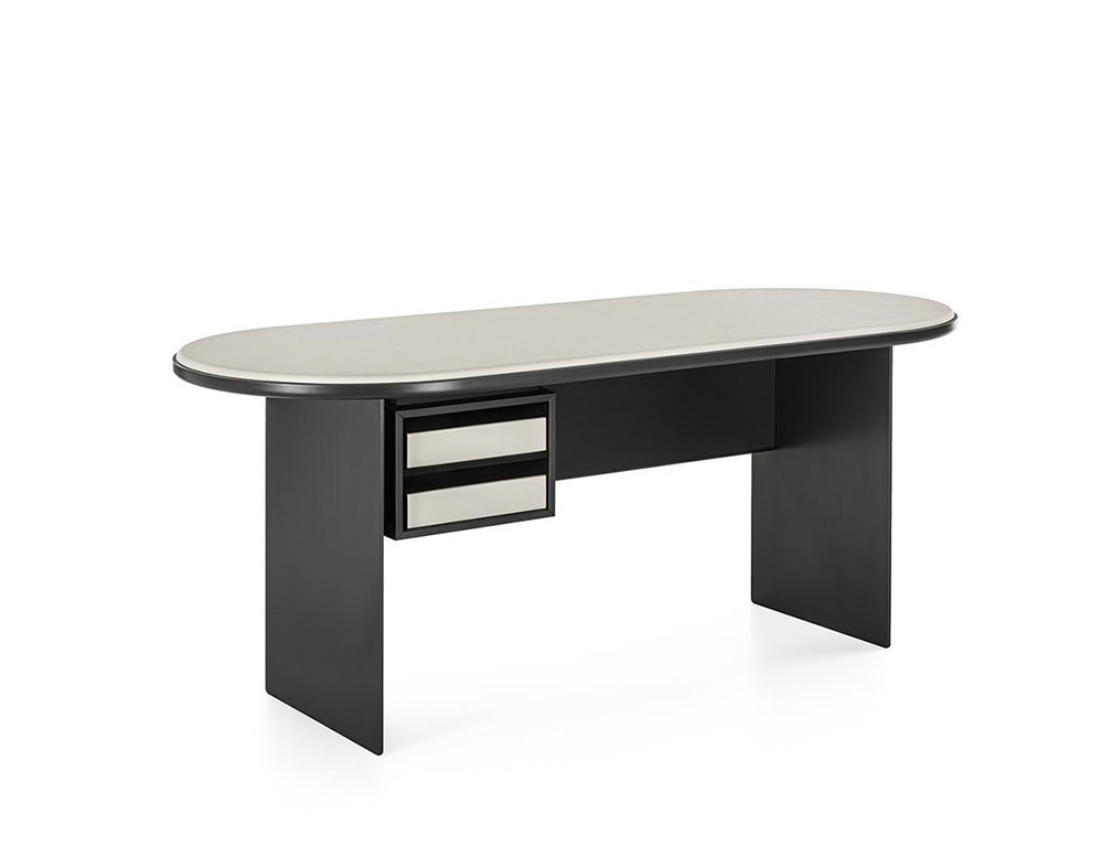 desk made of ash wood base and transparent glass top made in a black and white color tone