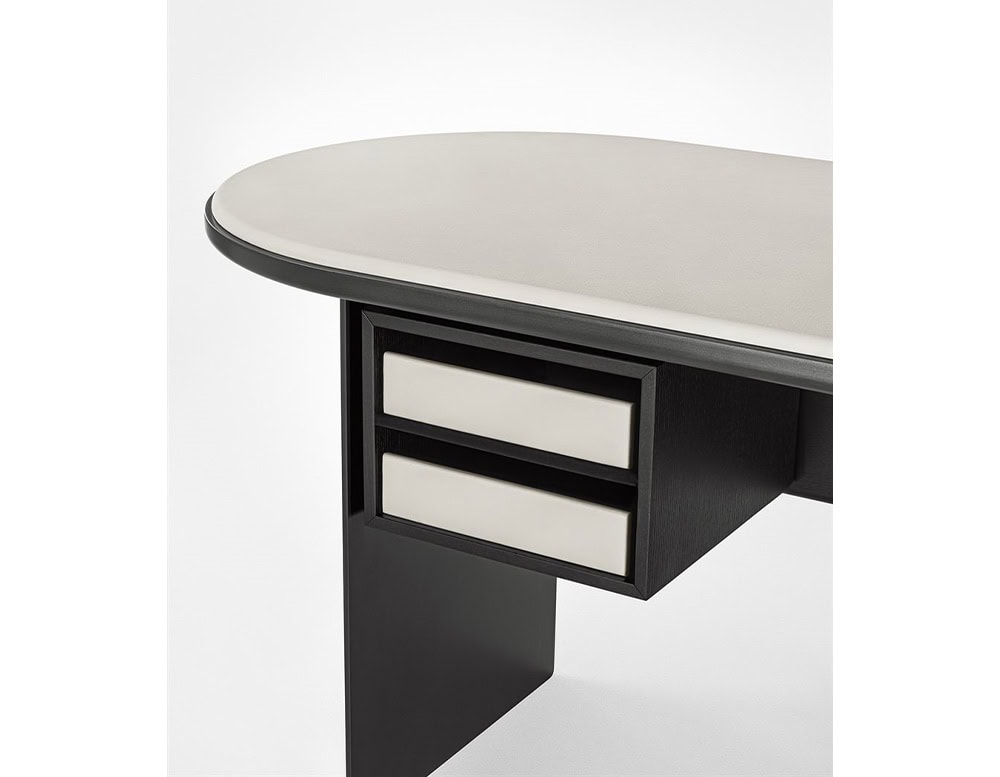 desks made of ash wood base in a black white tone and glass top