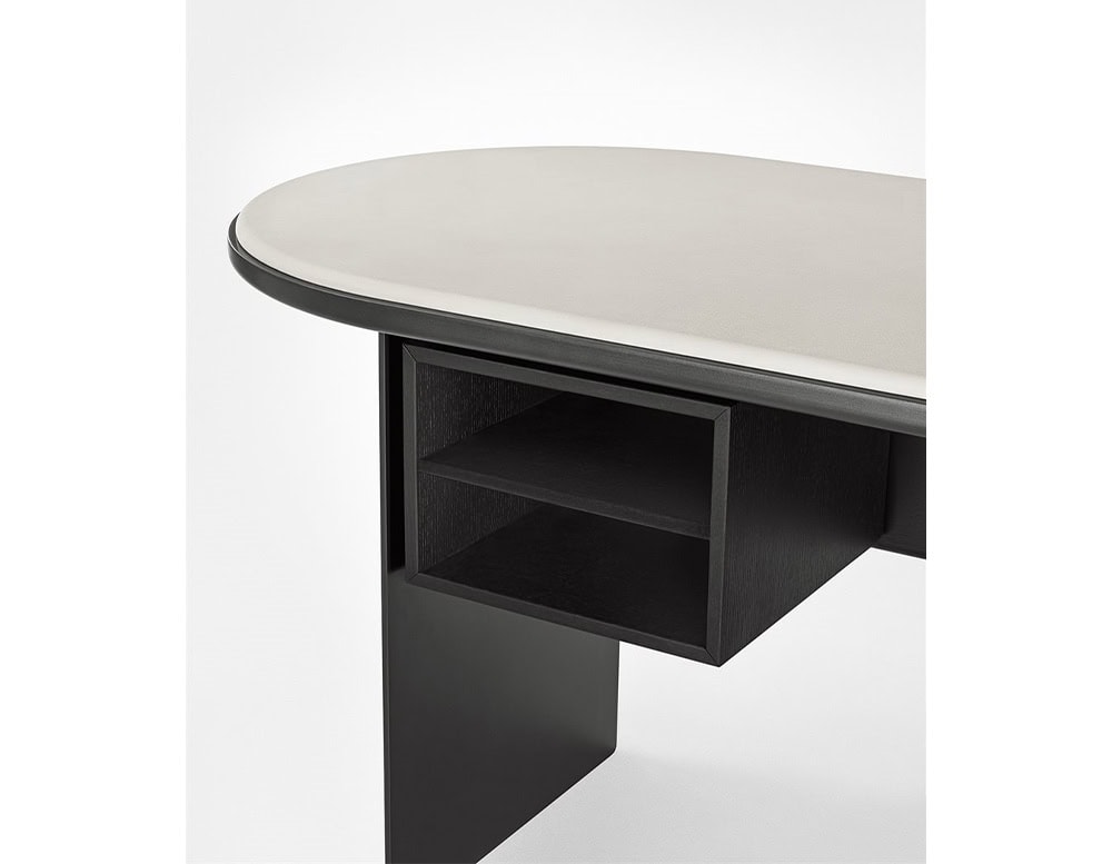 desks made of ash wood base in a black white tone and glass top and white drowers