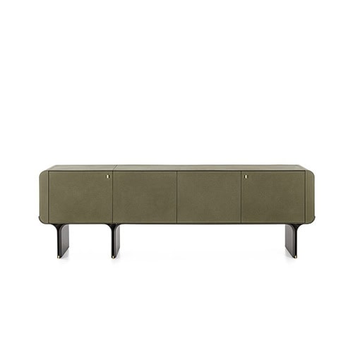 sideboard with curved base made of black ash wood upholstered in leather in a dark green tone on a white background