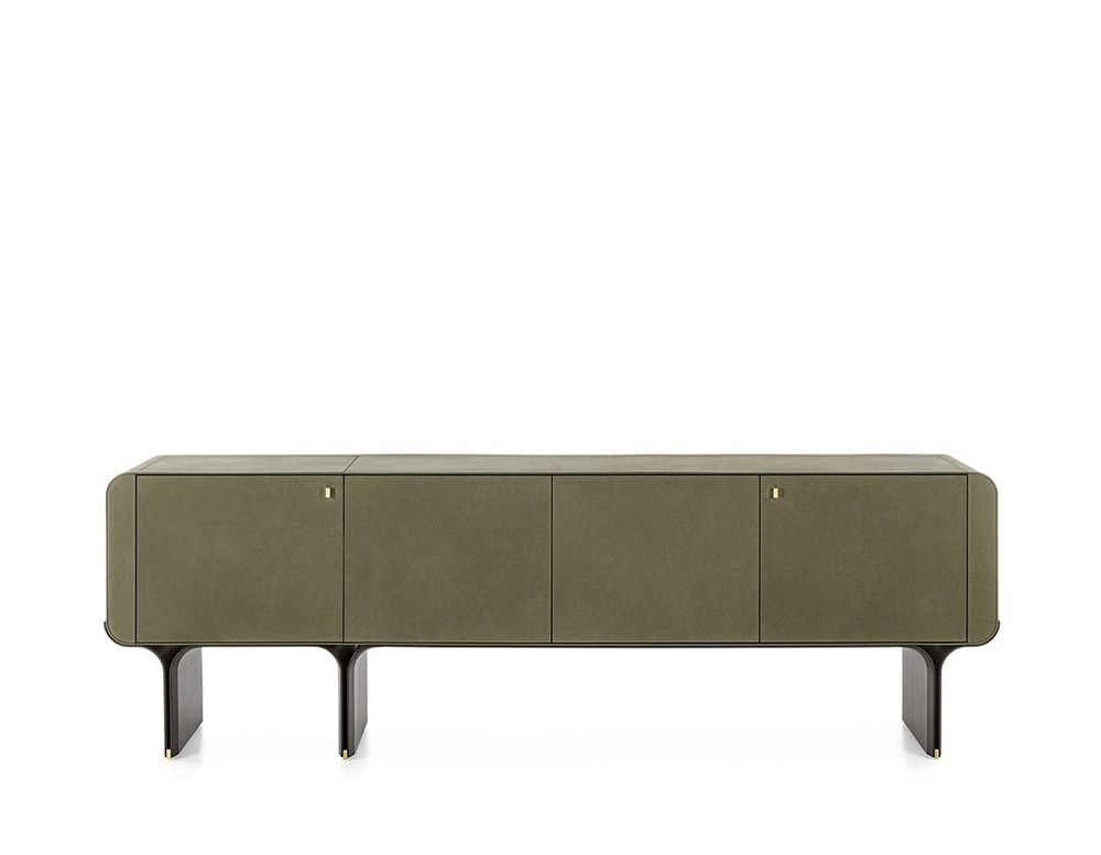 sideboard with curved base made of black ash wood upholstered in leather in a dark green tone on a white background