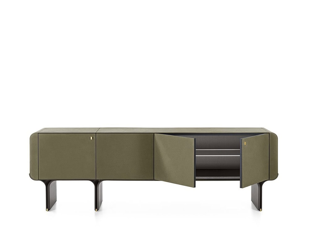 sideboard with front drawers made of black wood base and suede green leather