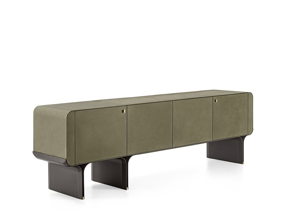 sideboard with curved base made of black ash wood upholstered in leather in a dark green tone on a white background