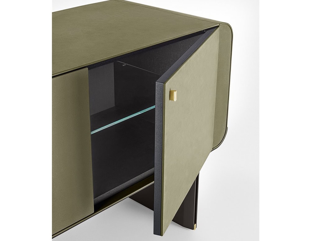 sideboard with front drawers made of black wood base and suede green leather