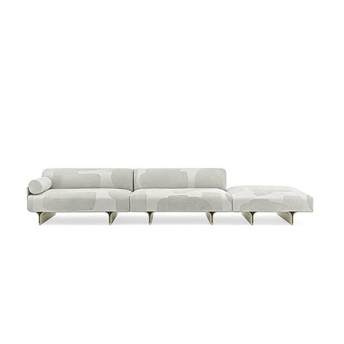 sofa made of curved ash wood base and upholstered in white fabric with a design in gray stains