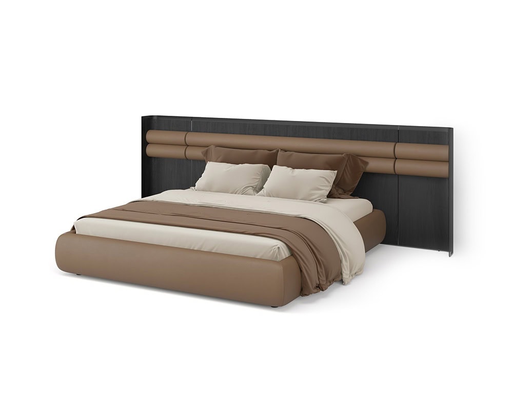 Bed made of wooden base with backrest made of foam base in shades of beige and blue with brown stripes