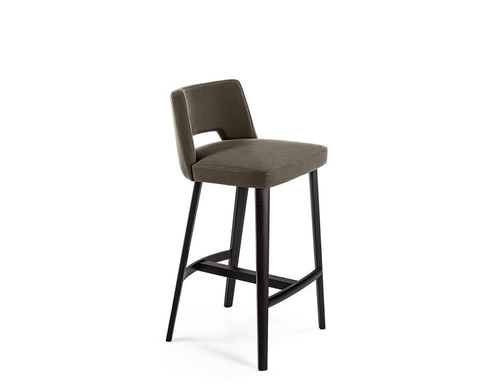 stool made of matte brown wood and upholstered in brown leather or fabric on a white background