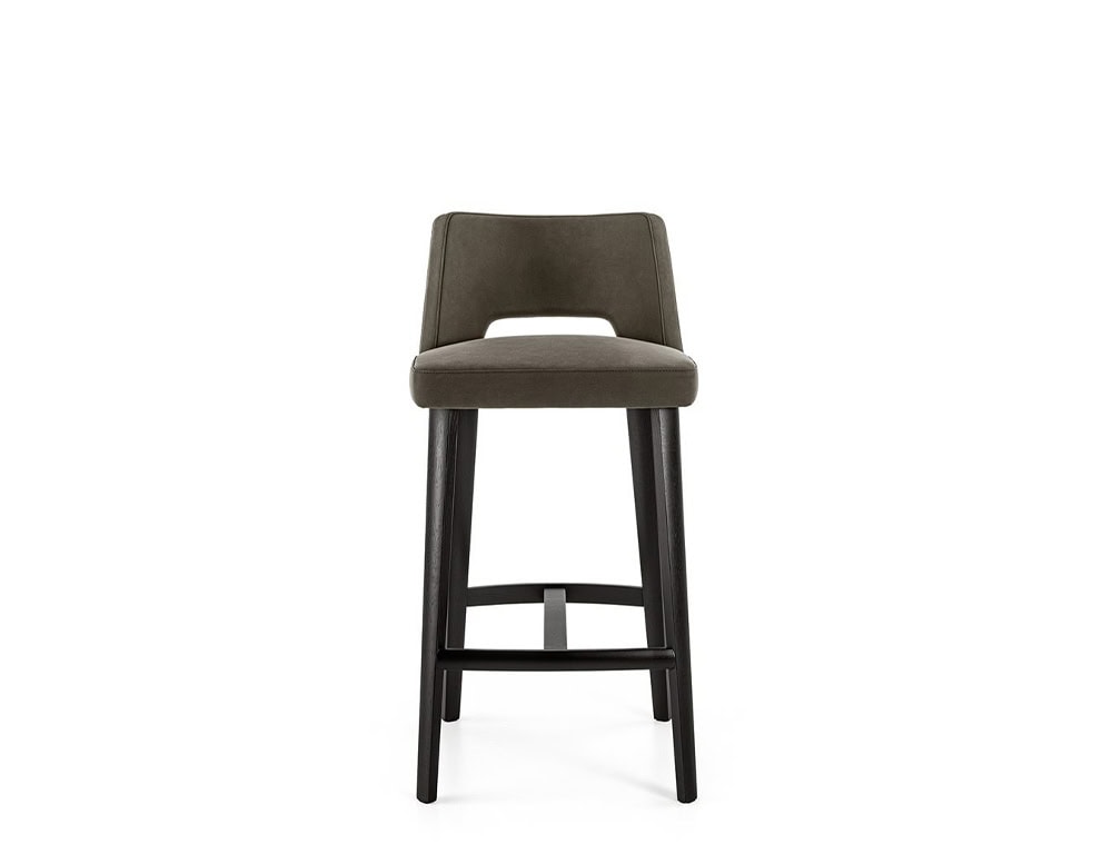 stool made of matte brown wood and upholstered in brown leather or fabric