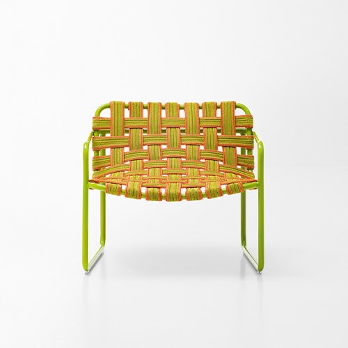 chair made of aluminum base and hand-woven with elastic belts in a green and orange tone