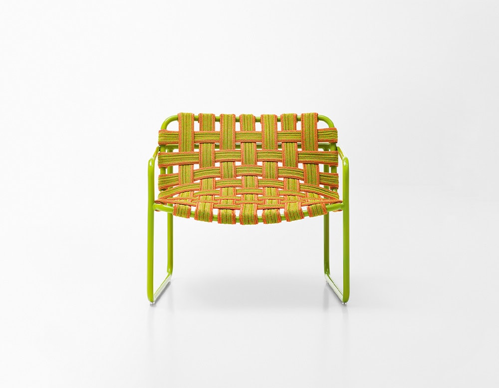 chair made of aluminum base and hand-woven with elastic belts in a green and orange tone