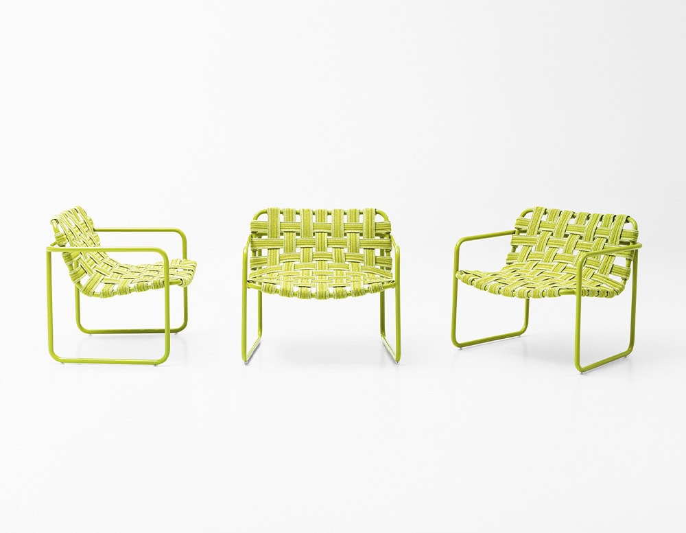 three chairs made with elastic belts and aluminum base in a lemon green tone