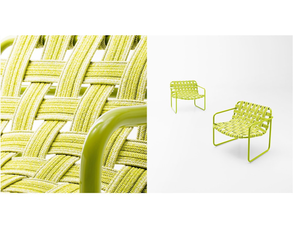 two chairs made with elastic belts and aluminum base in a lemon green tone