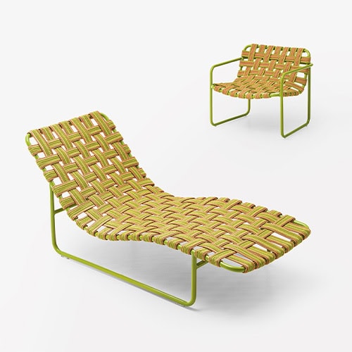 two chairs of different sizes made of elastic belts in a yellow tone and green steel base