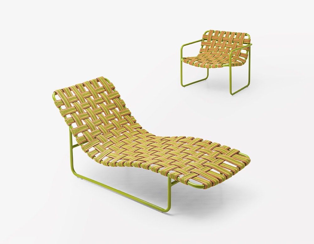 two chairs of different sizes made of elastic belts in a yellow tone and green steel base