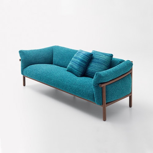 sofa made of brown wood base and foam filling upholstered in aquamarine blue fabric