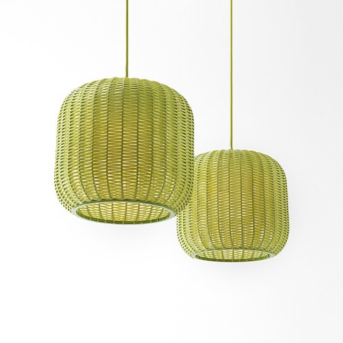 two suspension lanterns with hand-woven shade in a lemon green tone