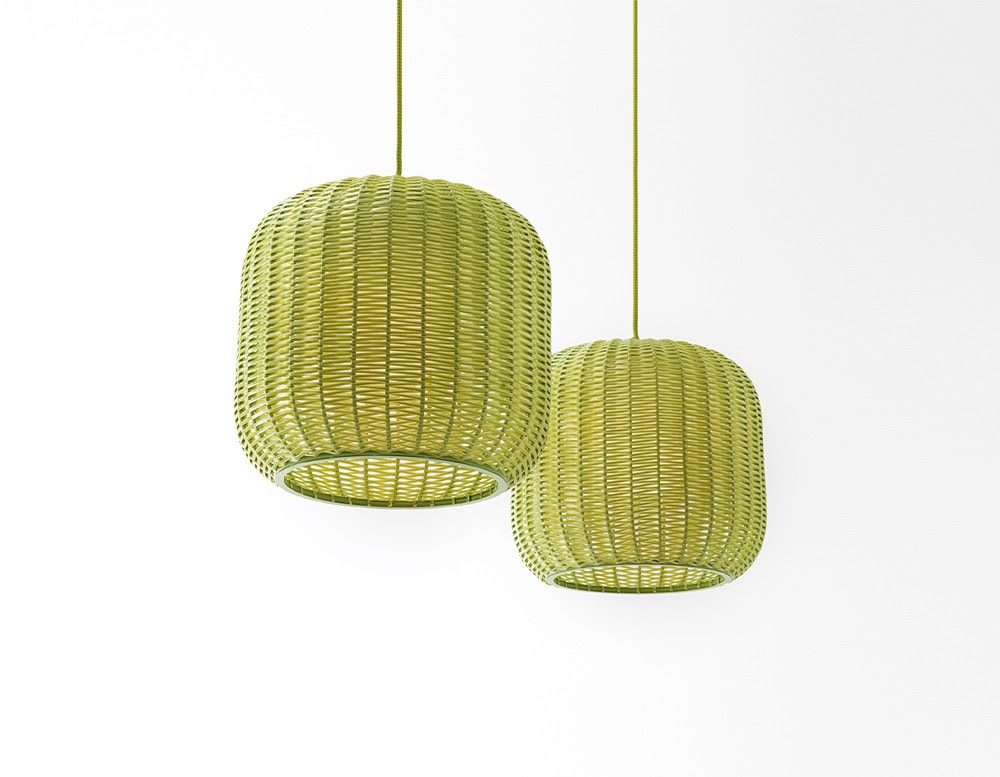 two suspension lanterns with hand-woven shade in a lemon green tone