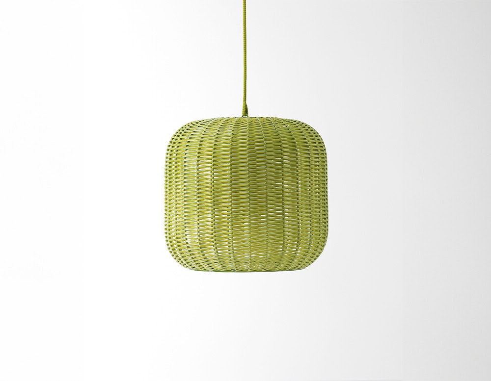 lamp lantern made of fabric in a lemon green tone on a white background