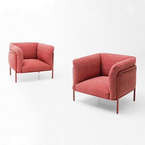 Two-seater armchair made of a stainless steel base and upholstered in removable fabric with polyurethane filling in a bright Salomon color tone