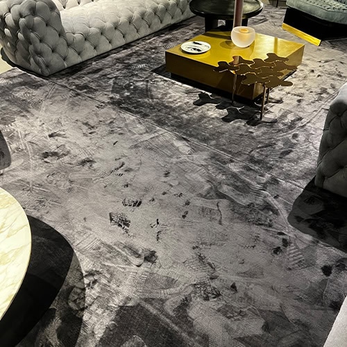 Pure Gray Mashup Rug with Velvety Design in a living room.