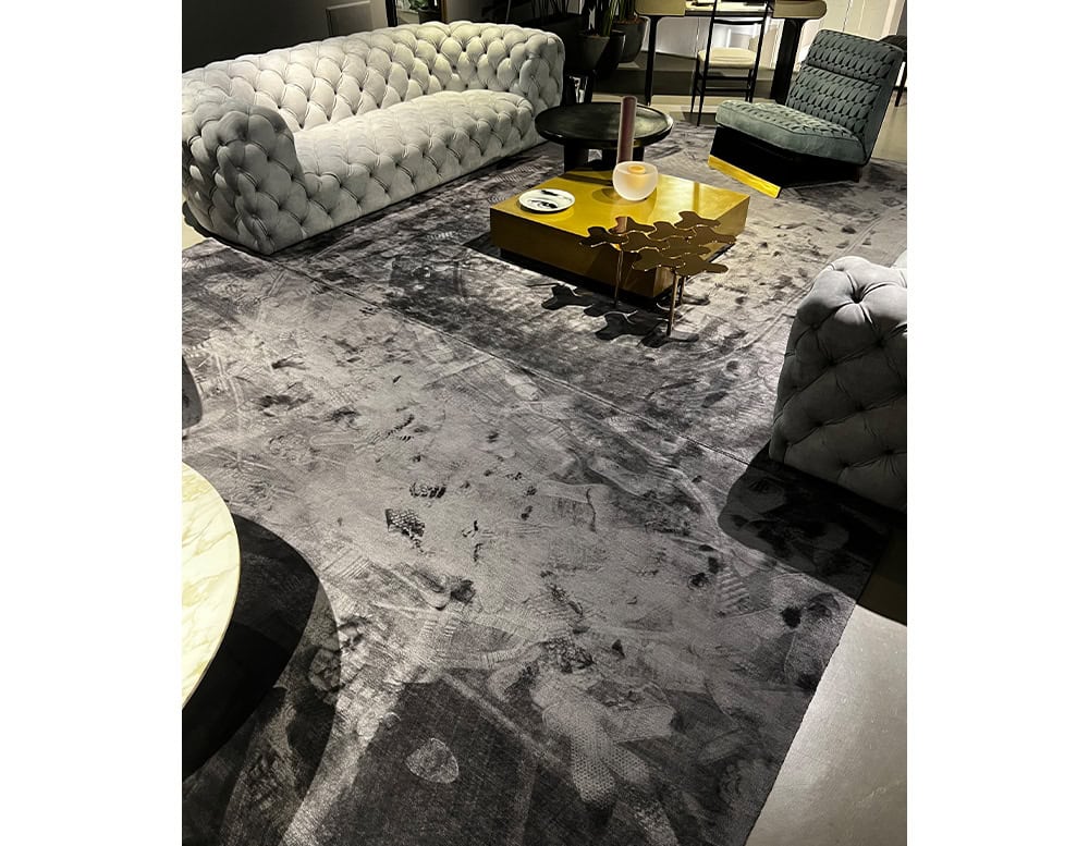 Pure Gray Mashup Rug with Velvety Design in a living room.