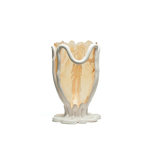 Indian Summer Vase in translucent yellow with white lines on a white background.