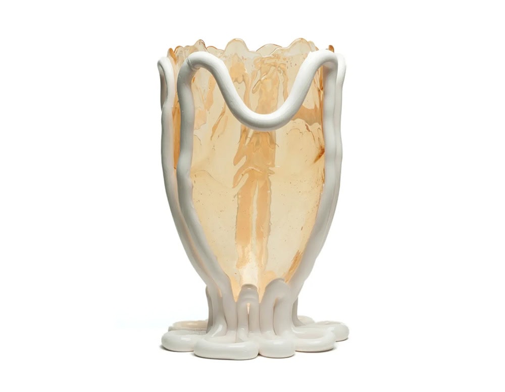 Indian Summer Vase in translucent yellow with white lines on a white background.