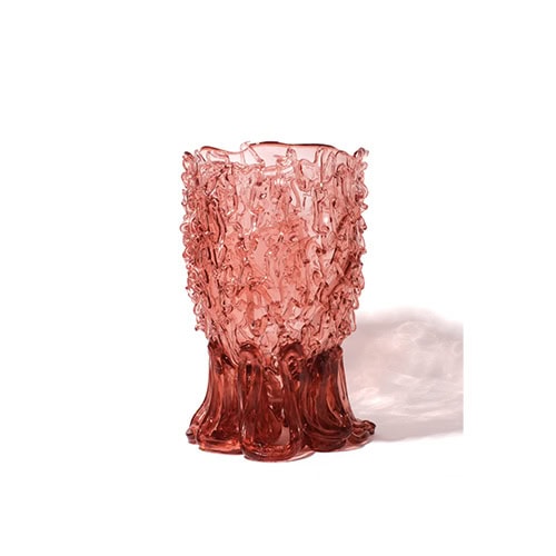 Medusa Vase Pink in translucent with irregular pattern on a white background.