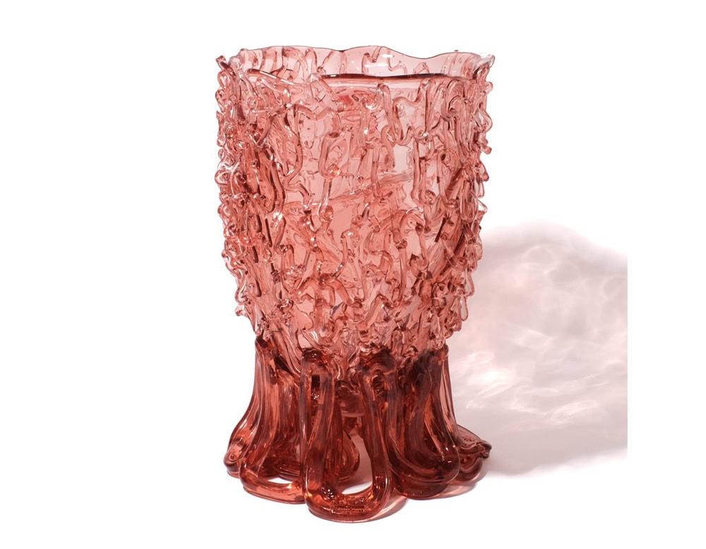 Medusa Vase Pink in translucent with irregular pattern on a white background.