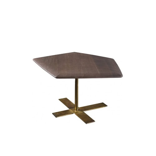 Brown Touch side table. Top in a polygonal shape and cross central leg on a white background.