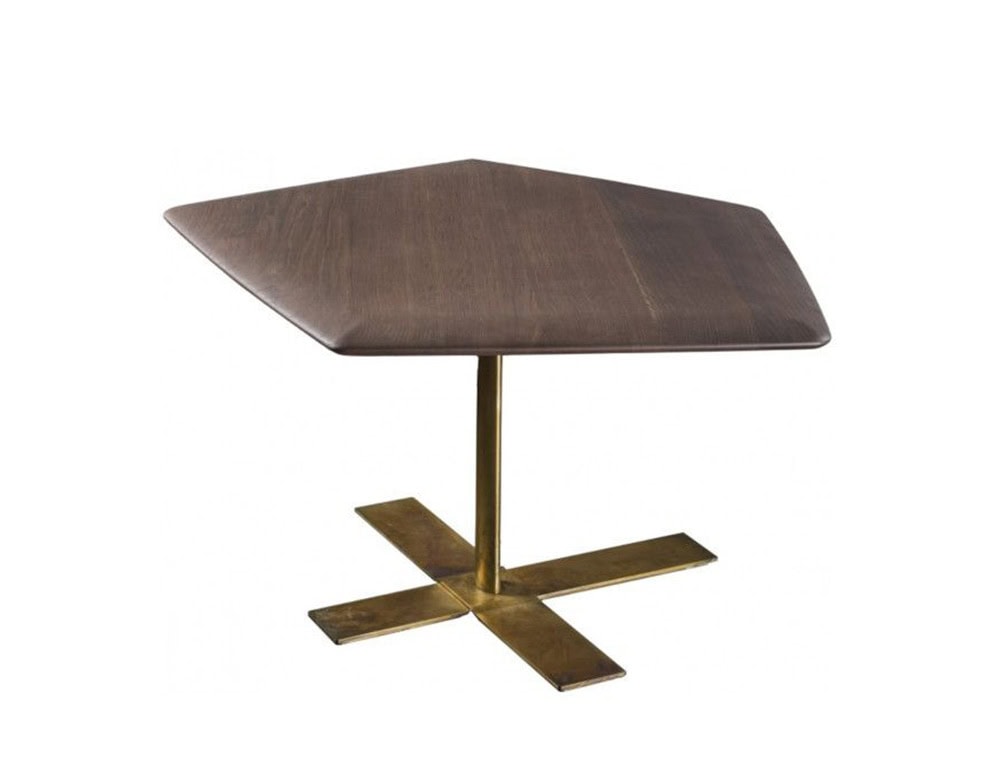 Brown Touch side table. Top in a polygonal shape and cross central leg on a white background.