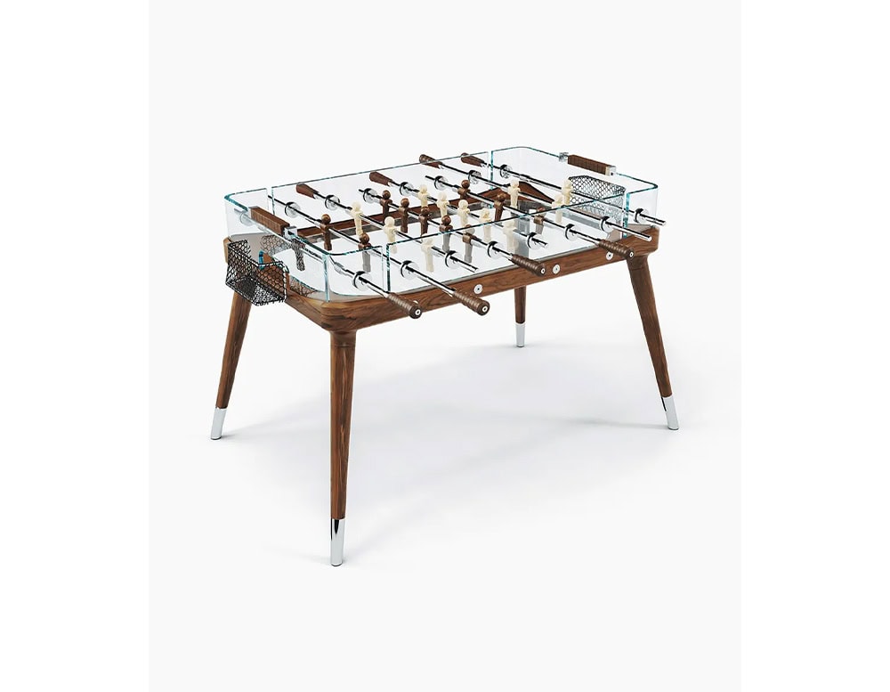 Teck 90 Minuto Classic table in clear glass, brown and silver accesories on a white background.