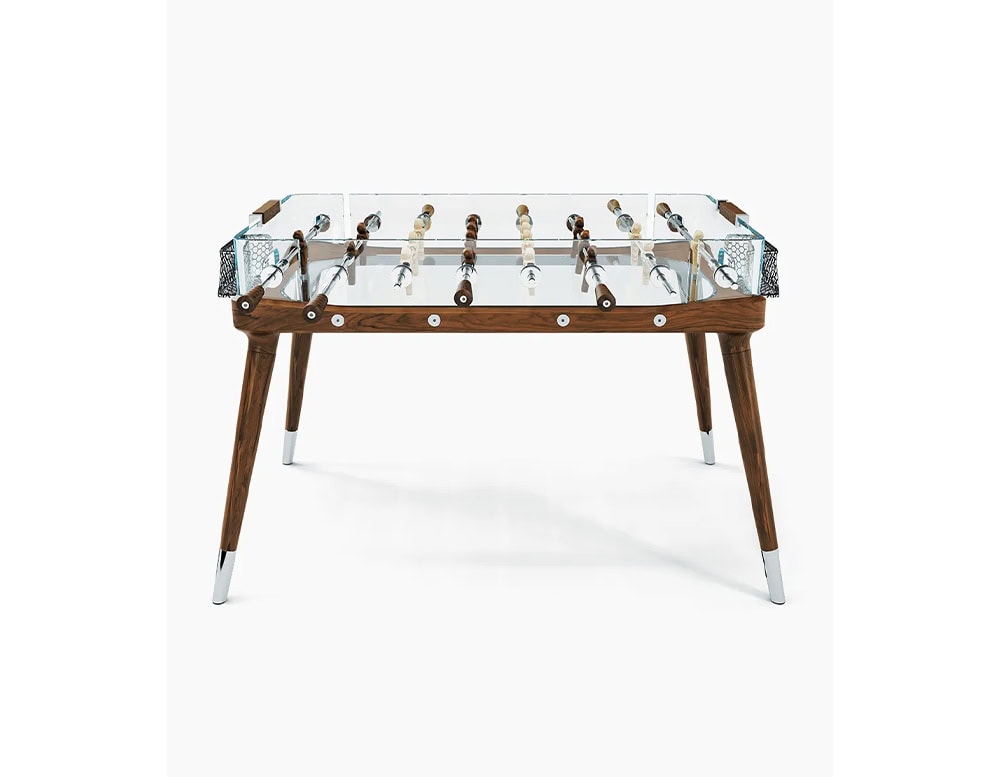 Teck 90 Minuto Classic table in clear glass, brown and silver accesories on a white background.