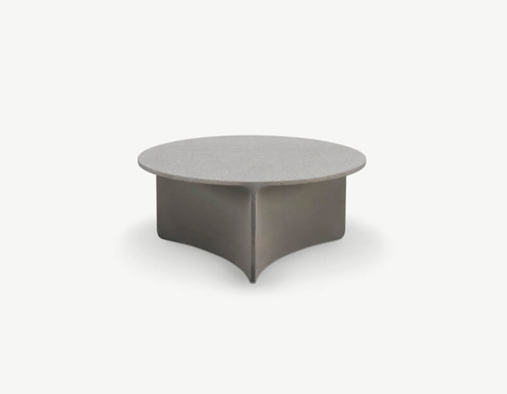 Round coffee table, top in gray and base in beige on white background.